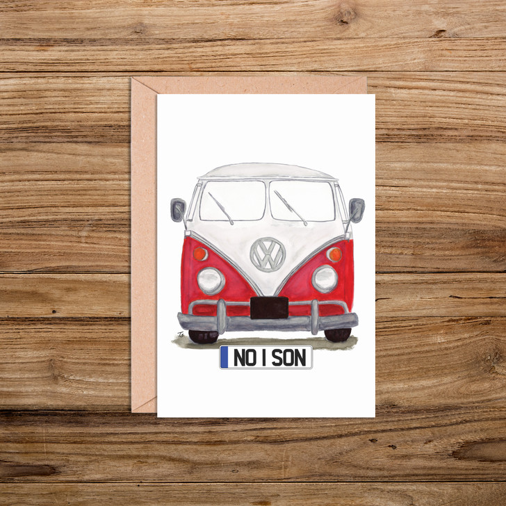 No 1 Son Number Plate VW Camper Van in Red Illustration Card