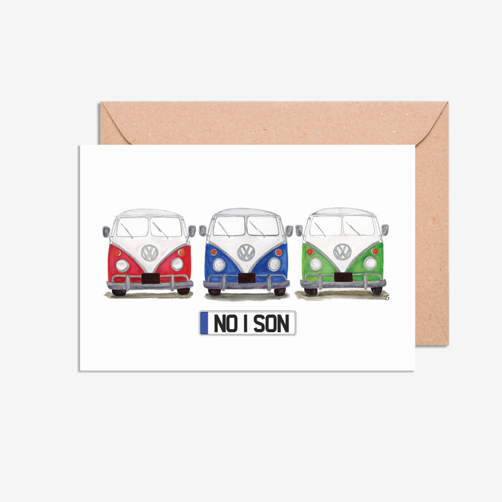 No 1 Son Number Plate VW Camper Vans in a Row Illustration Card