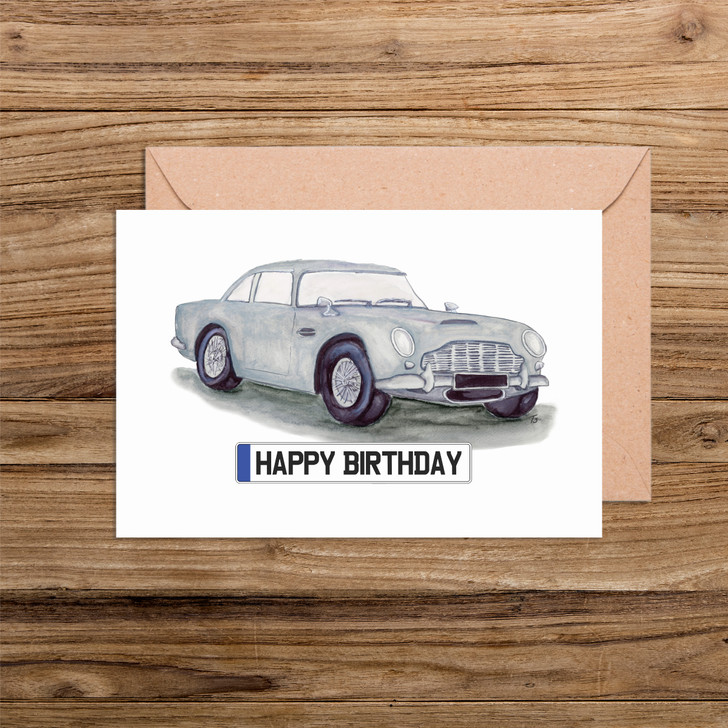 Happy Birthday Number Plate Aston Martin DB 5 Car Illustration Card