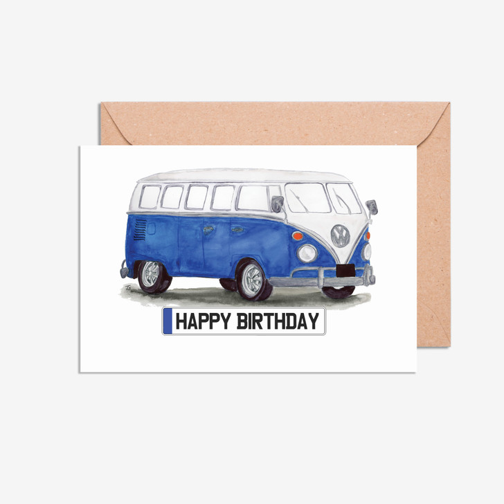 Blue VW Camper Van number plate birthday day cards