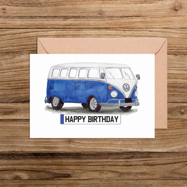Blue VW Camper Van number plate birthday day cards