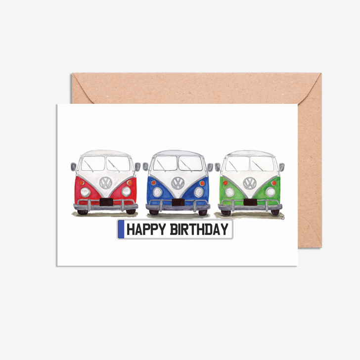 Happy Birthday Number Plate Three VW Camper Vans Illustration Card