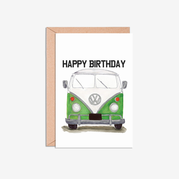 Happy Birthday Green VW Camper Van Illustration Card