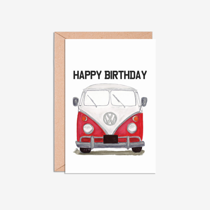 Happy Birthday Red VW Camper Van Illustration Card
