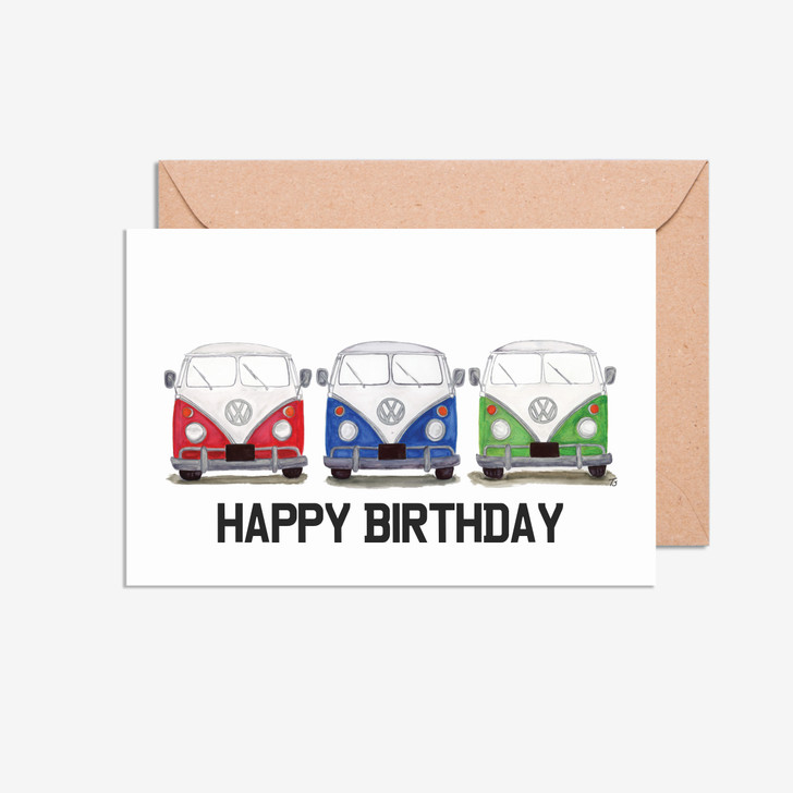 Three in a Row VW Camper Van birthday day card