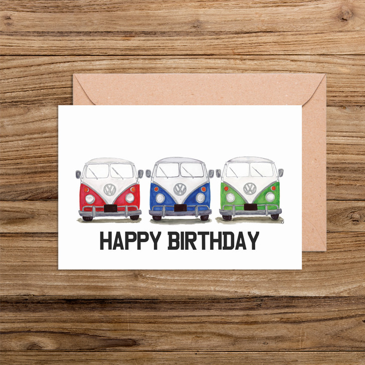 Three in a Row VW Camper Van birthday day card