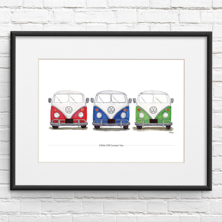 VW Camper Van Three in A Row Illustration Giclée Print