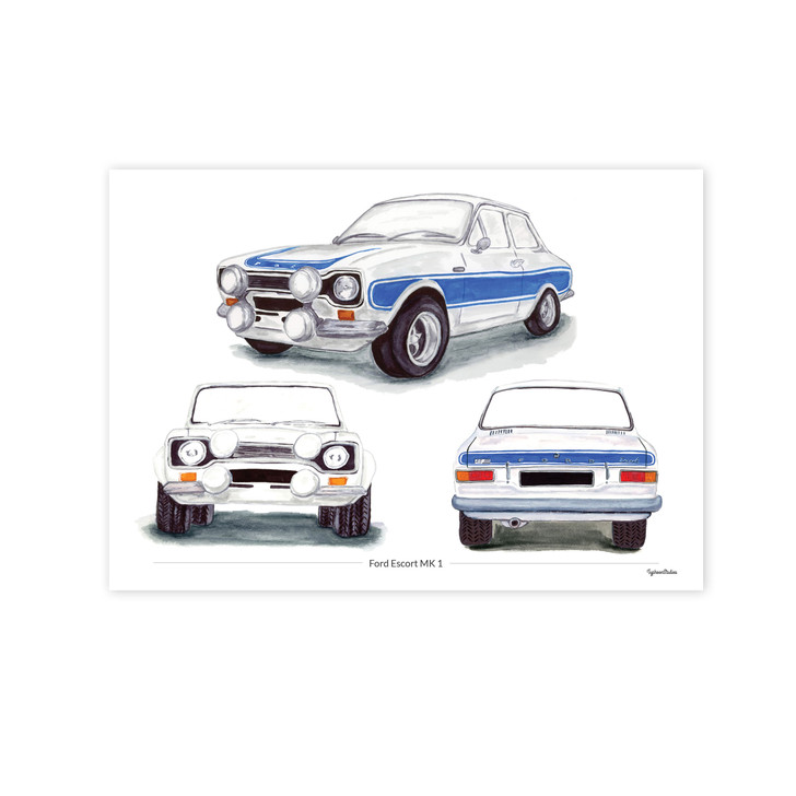 Ford Escort MK 1 Trio View Illustration Personalised Giclée Print