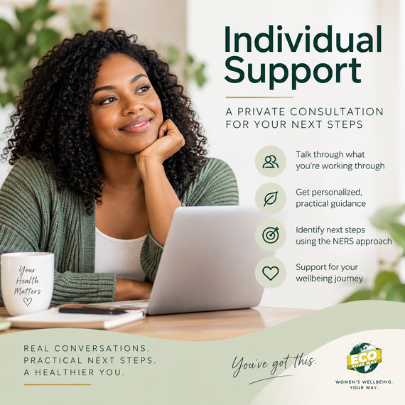 Black woman seated at a laptop beside text describing Eco Your Way Individual Support and personalized NERS-based guidance.
