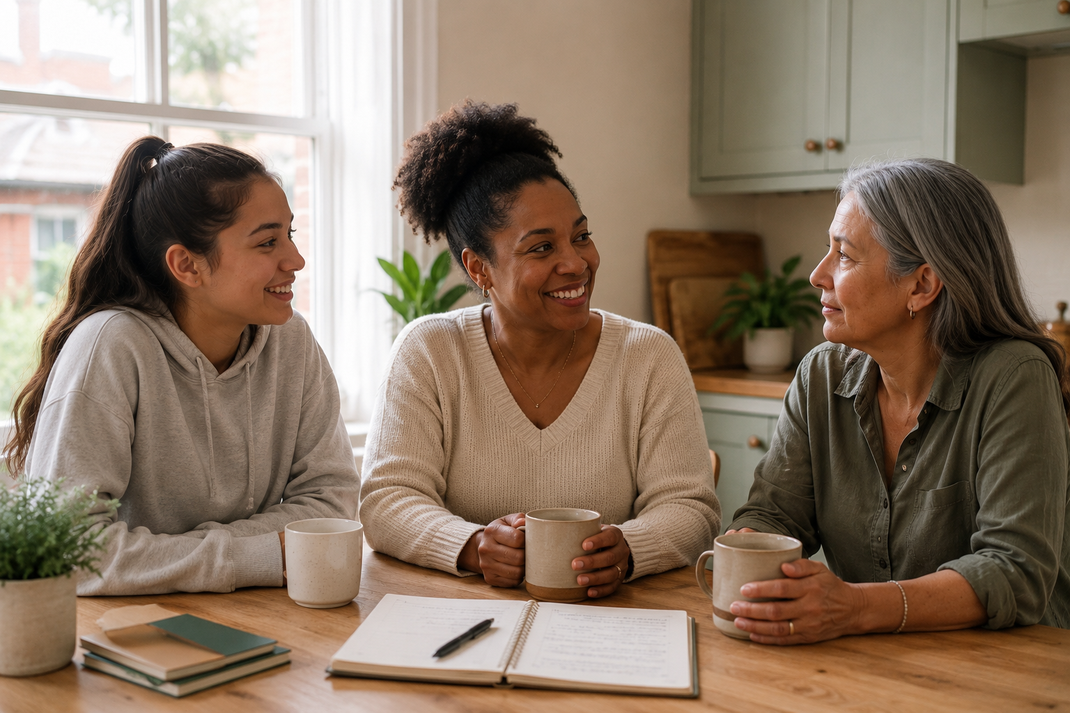 Three women of different ages talking together at a table