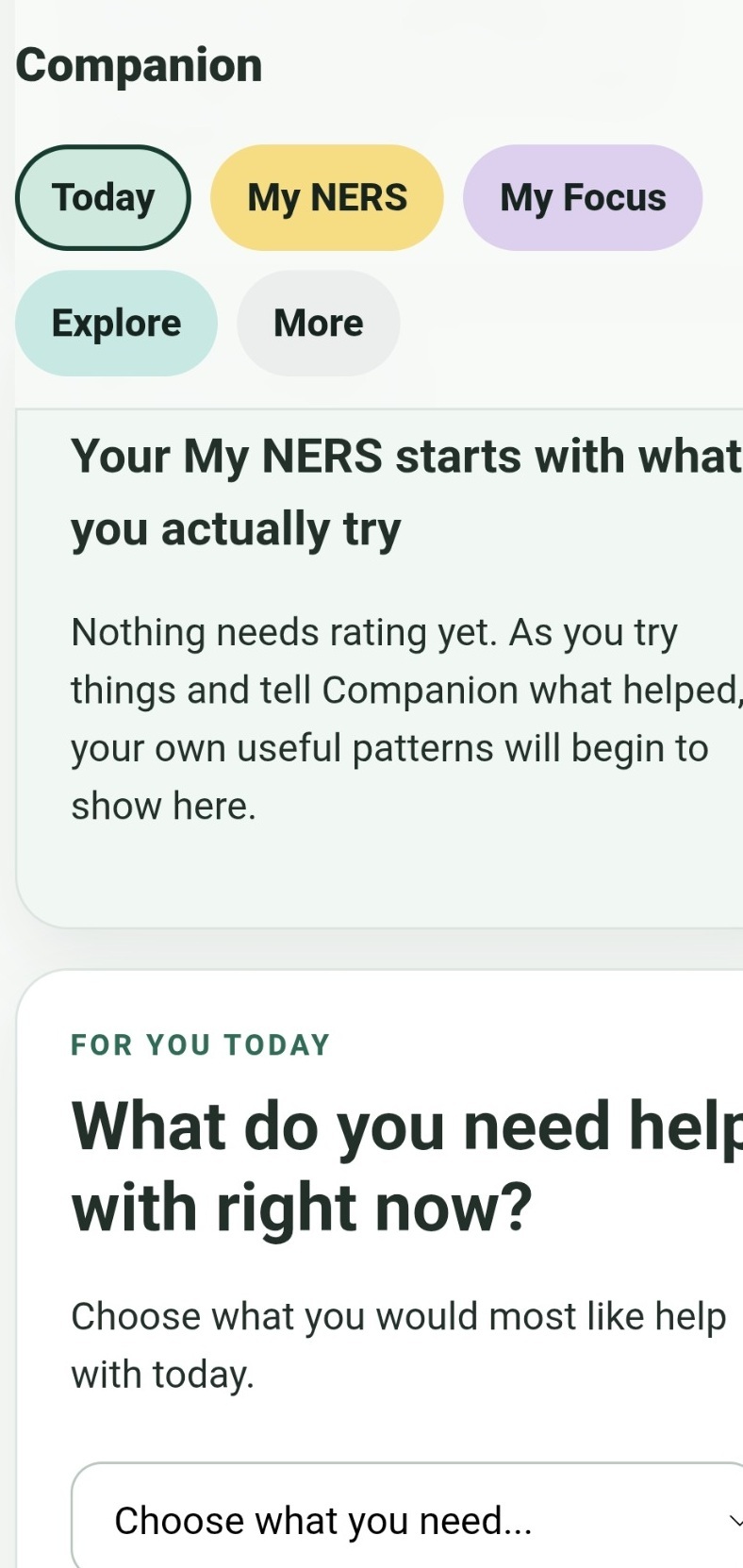 ECO Wellness Companion Today screen asking what the user needs help with right now
