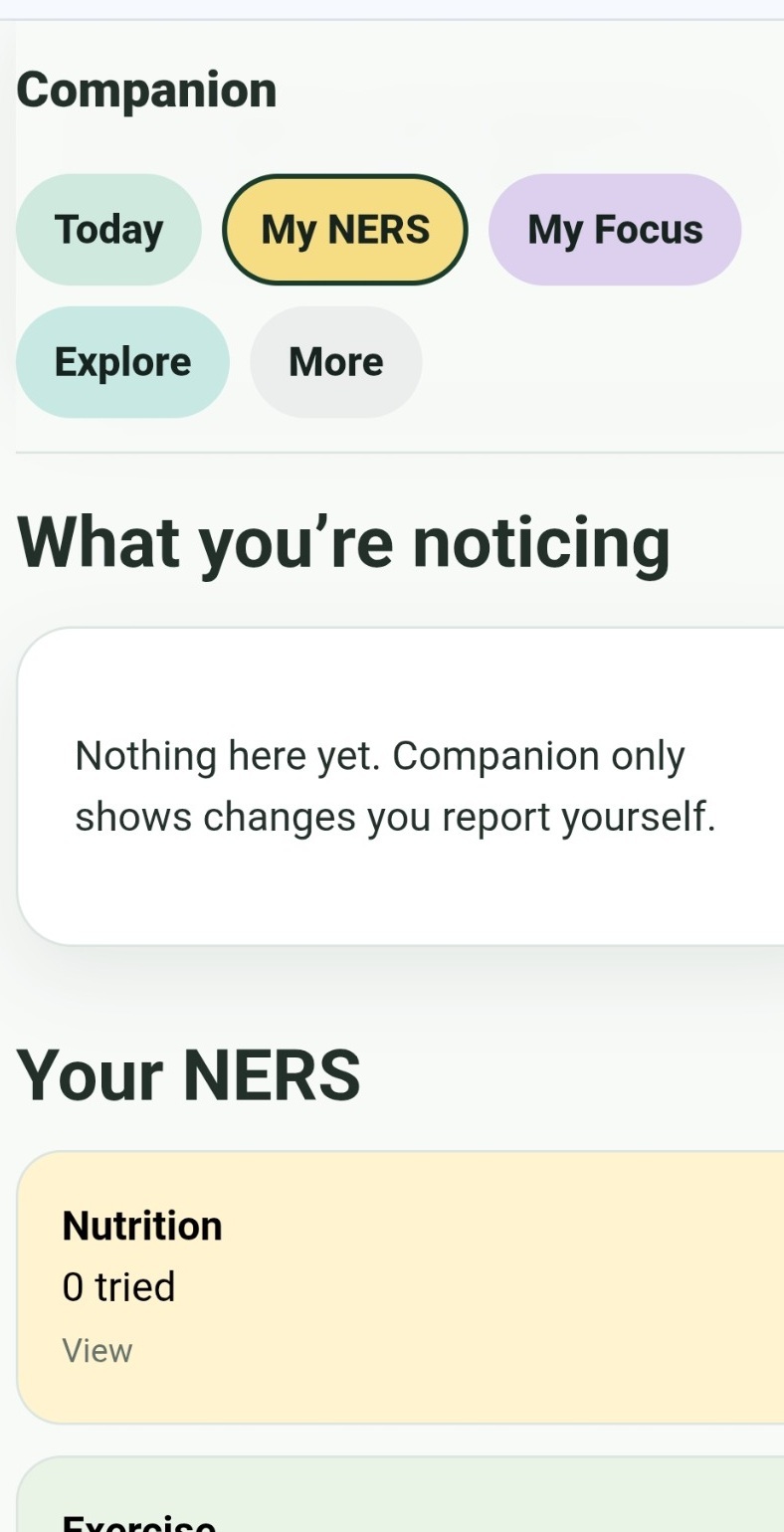 ECO Wellness Companion My NERS screen showing what the user is noticing and NERS areas