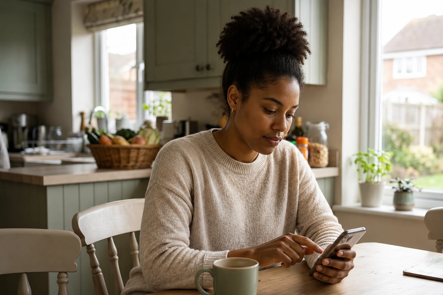 Woman sitting at her kitchen table looking at her phone