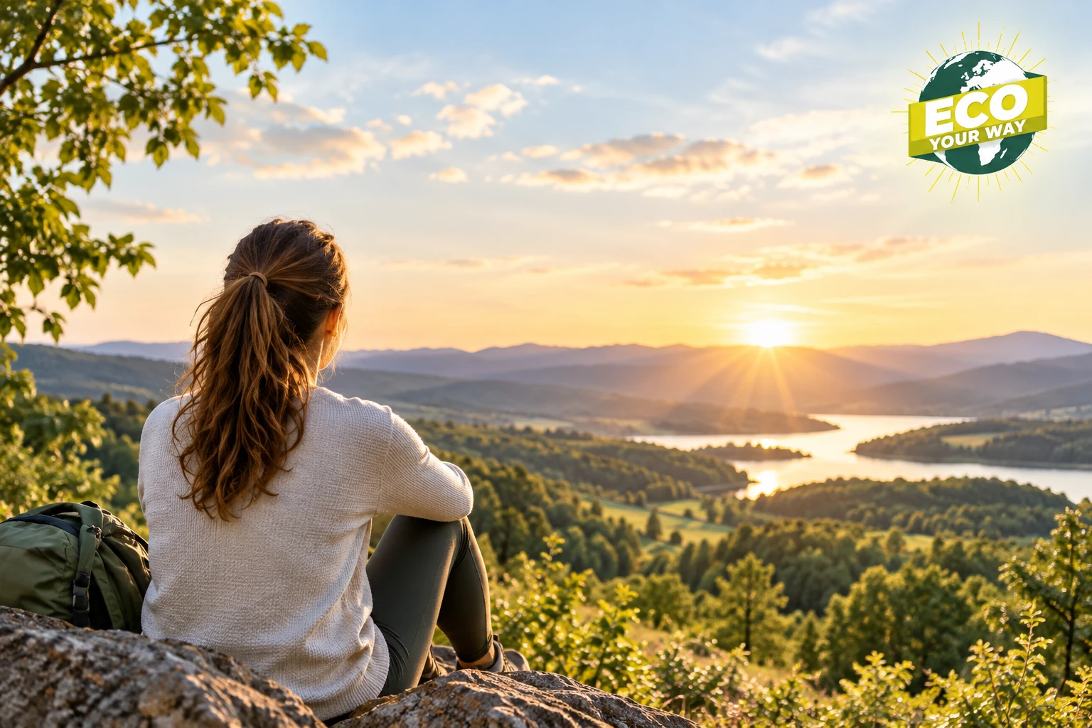 Woman seated overlooking a peaceful sunlit landscape with the Eco Your Way logo