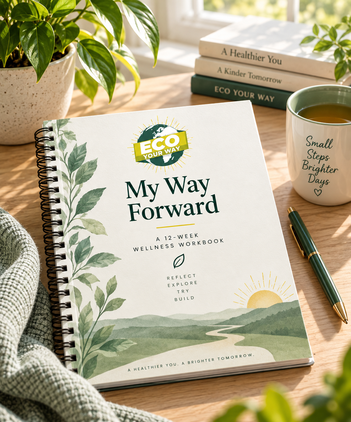 My Way Forward wellness workbook on a desk with a pen, tea and greenery