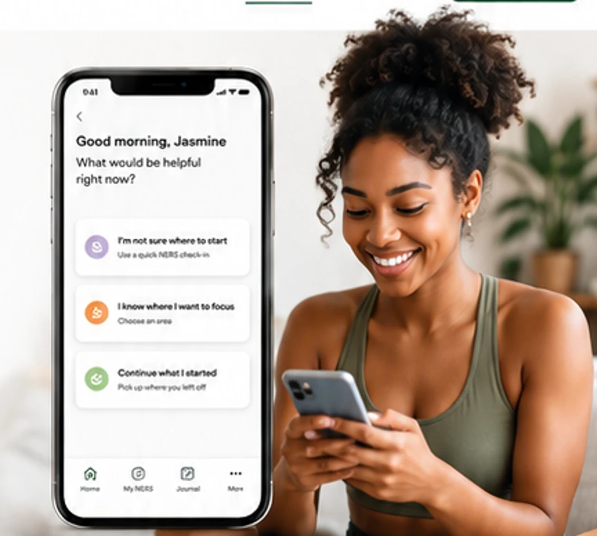 Young Black woman smiling while using a smartphone beside an ECO Wellness Companion screen