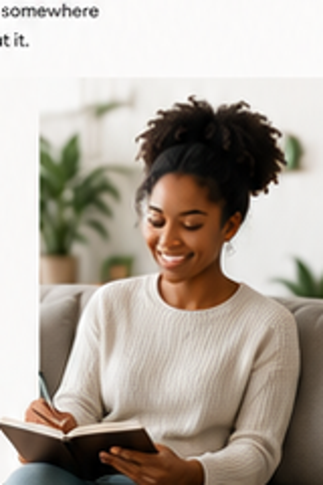 Young Black woman sitting comfortably and writing in a journal