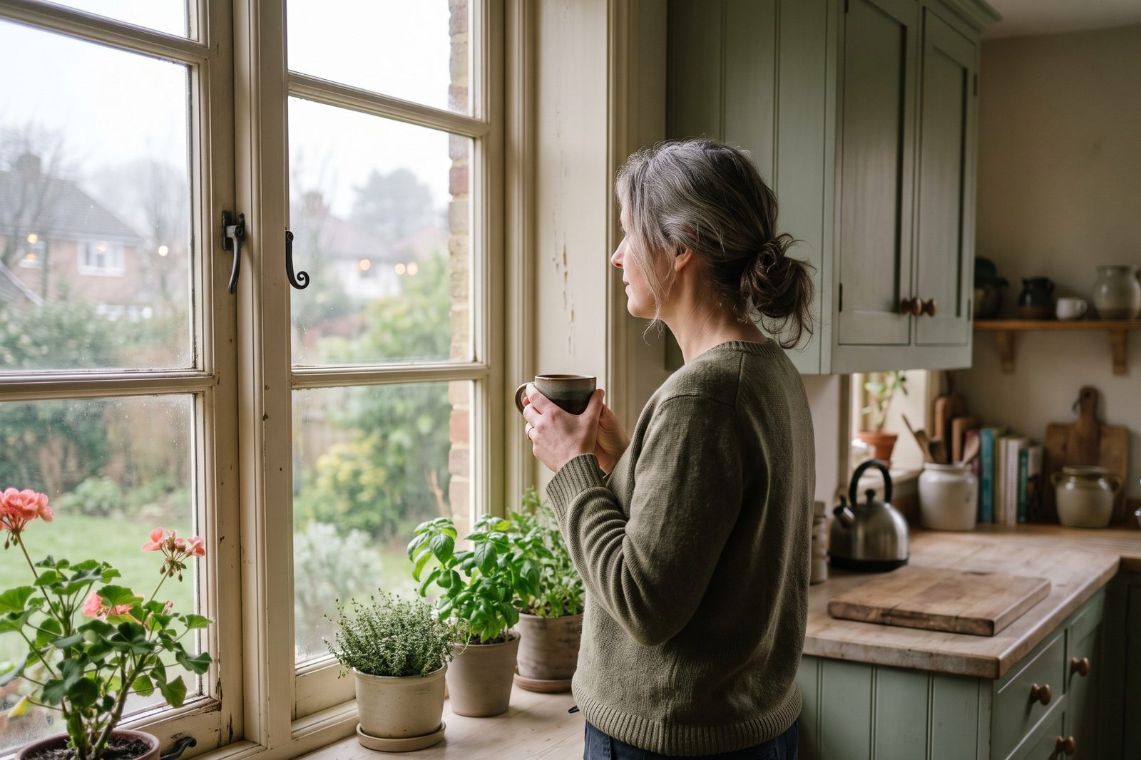 Woman standing by a kitchen window holding a mug and looking outside