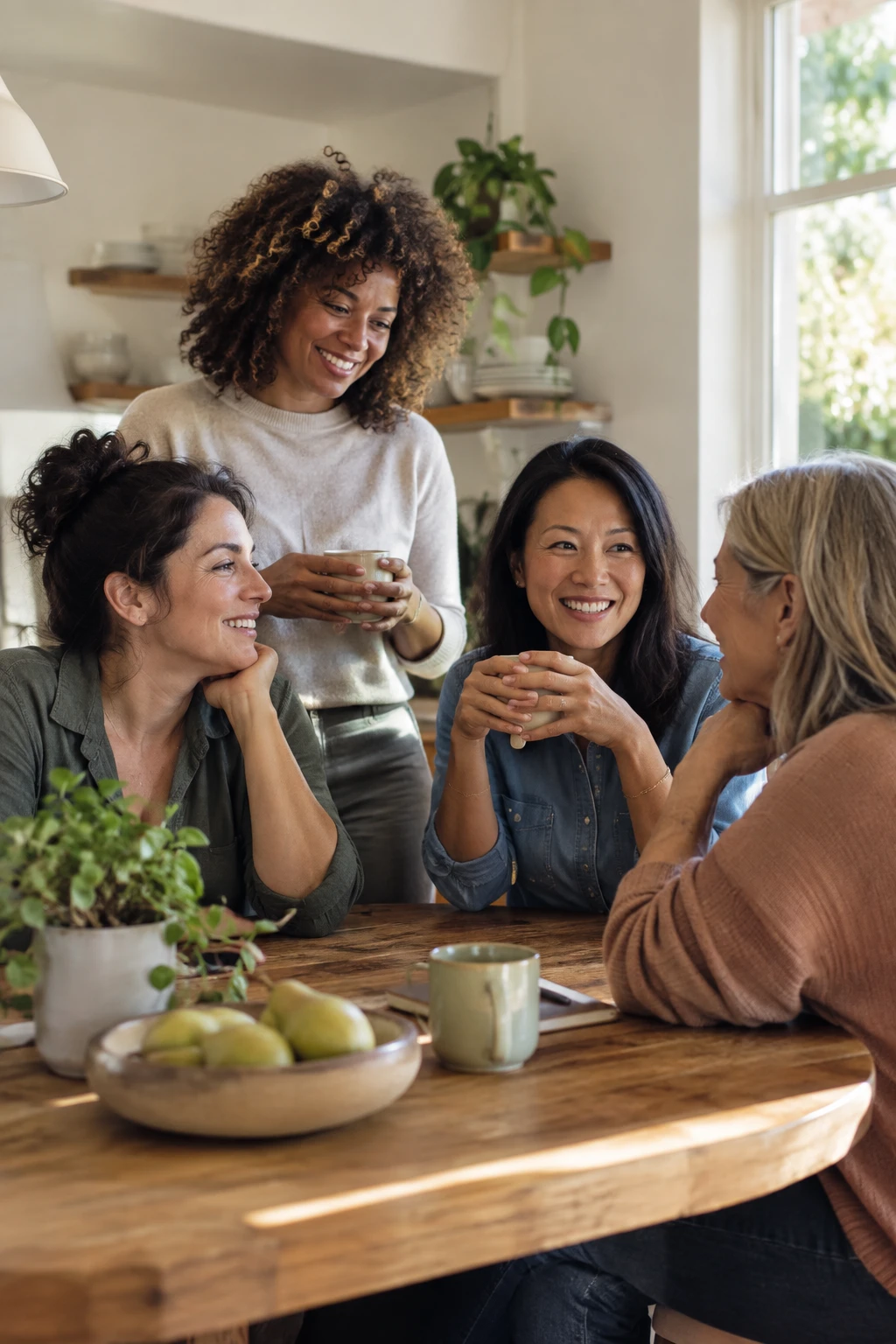 Four women sharing a relaxed conversation around a kitchen table