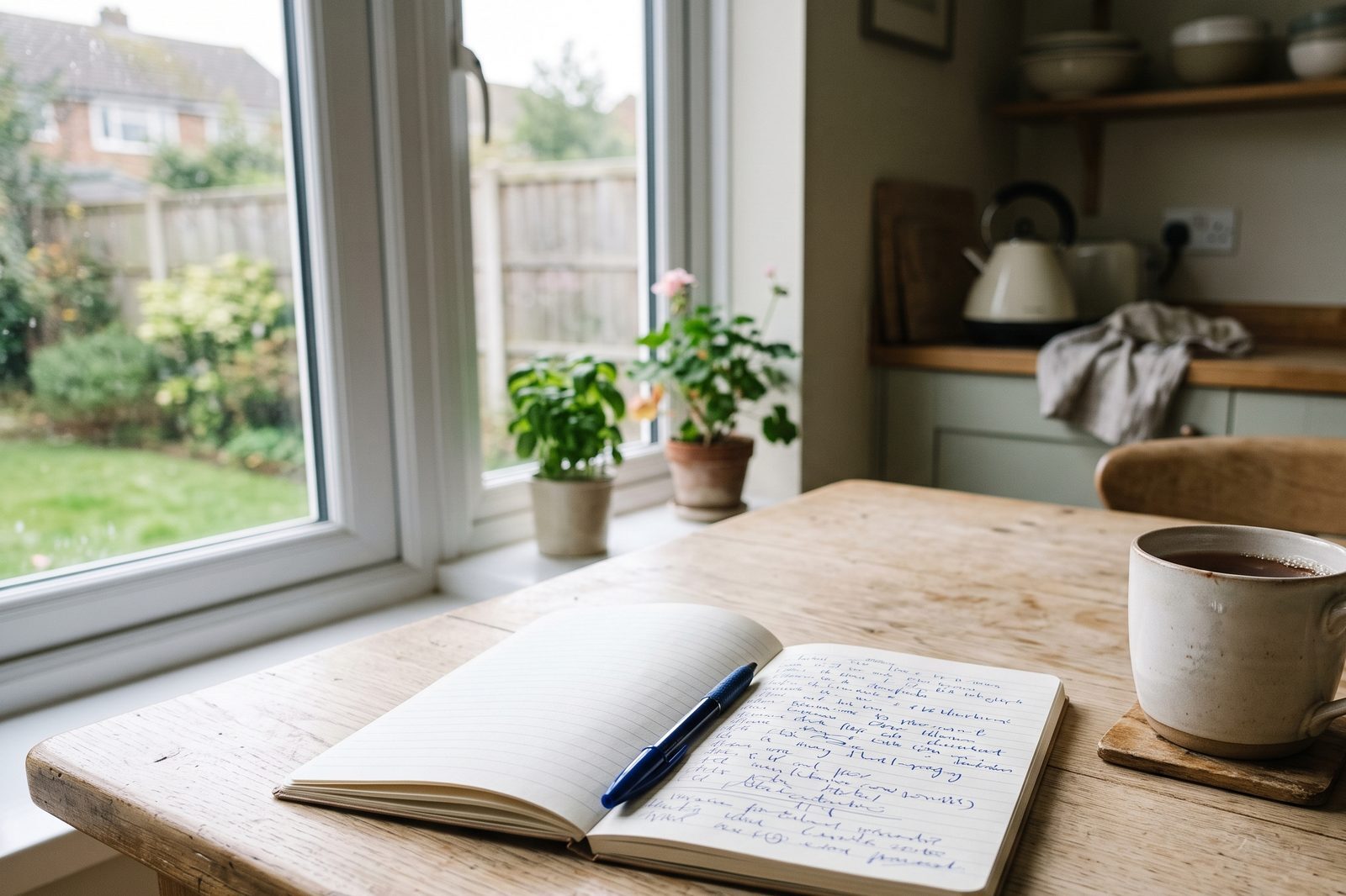 Open notebook with handwritten questions beside a cup on a table