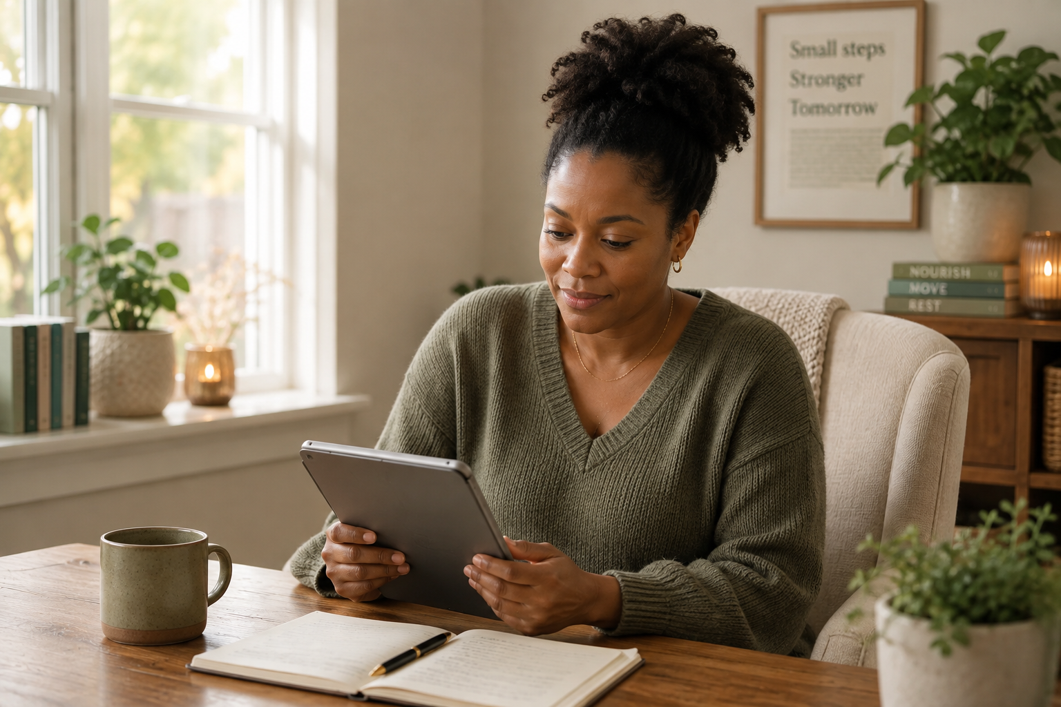 Woman reading information on a tablet at a table