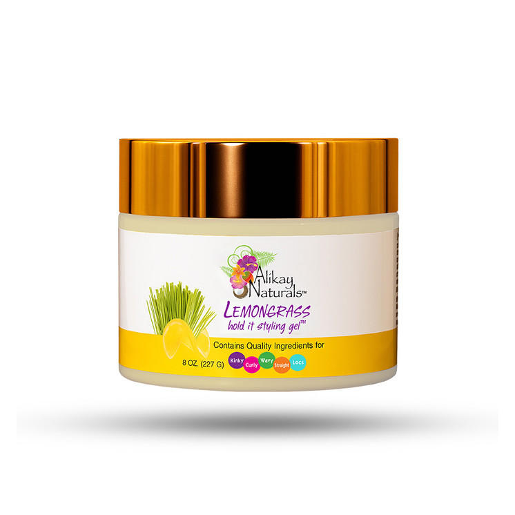 Alikay Naturals Lemongrass Hold It Styling Gel 8oz bottle with lemongrass oil, aloe vera, and wheat protein for long-lasting curl hold
