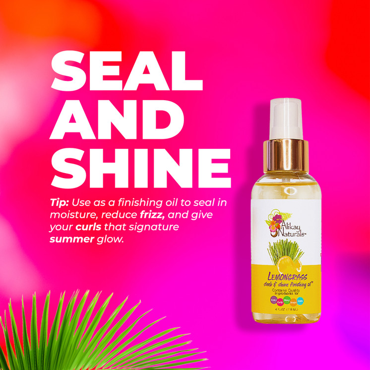 Woman with smooth shiny frizz-free, natural hair after using Alikay Naturals Lemongrass Sleek and Shine Finishing Oil 4oz