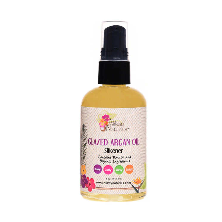 Alikay Naturals Glazed Argan Oil Silkener 4oz bottle with pure argan oil and vitamin E for shine and frizz control
