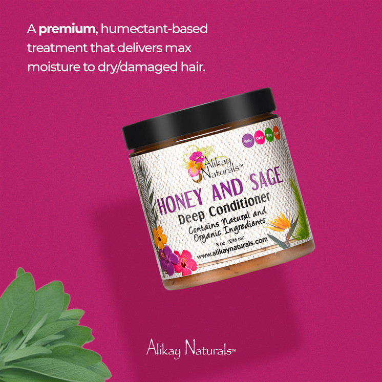 Woman with soft, moisturized, natural curls after using Alikay Naturals Honey and Sage Deep Conditioner treatment