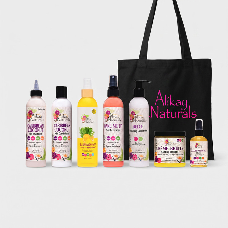 Alikay Naturals Curl Collection — 7 full-size natural hair products including Caribbean Coconut Milk Shampoo, Conditioner, Lemongrass Leave-In, Wake Me Up Curl Refresher, Dulce Curl Lotion, Creme Brulee and Glazed Argan Oil