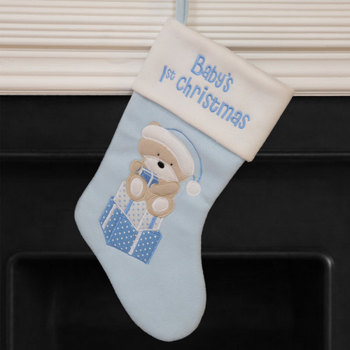 Blue Stocking with White Fur Trim & Teddy Motif - Discontinued