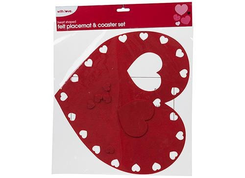 Heart Shaped Felt Placemat and Coaster Set in Bag with Header Card