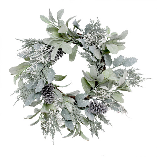 Lambs Ear, Holly Pine Cone & White Berry Flocked Wreath (60cm) Lambs Ear, Holly Pine Cone & White Berry Flocked Wreath (60cm)