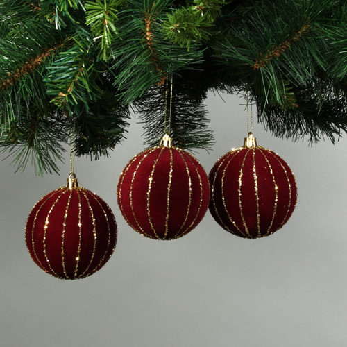 8cm Red Velvet Baubles with Glitter Trim (Set of 6) 8cm Red Velvet Baubles with Glitter Trim (Set of 6)