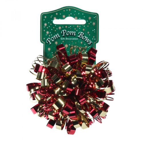8cm Metallic Red and Gold Pom Pom Bow 8cm Metallic Red and Gold Pom Pom Bow