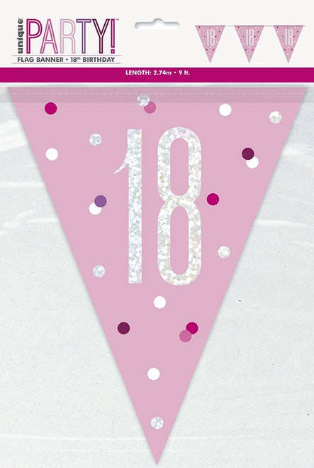 Pink and Silver Prismatic Plastic 18th Birthday Flag Banner - Discontinued
