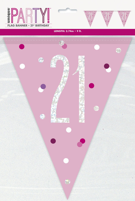 Pink and Silver Prismatic Plastic 21st Birthday Flag Banner Pink and Silver Prismatic Plastic 21st Birthday Flag Banner