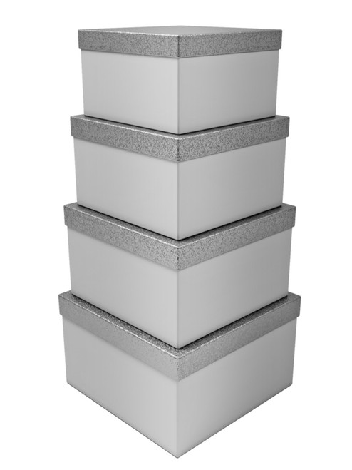 Square Box with Glitter Lid Set of 4  (Silver)