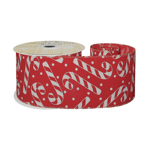 Red Wired Ribbon with Candy Cane Design (63mm x 10 yards) 