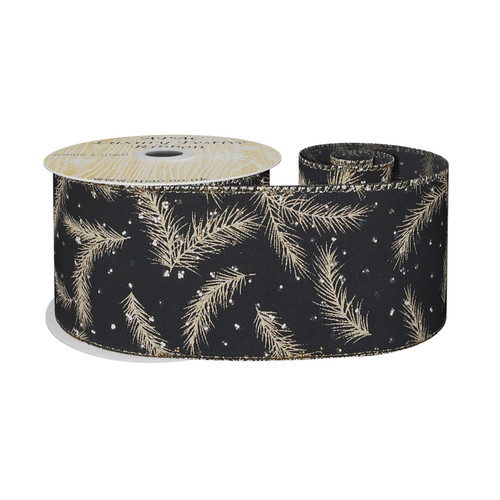 Black Wired Ribbon with Gold Spruce Leaves (63mm x 10 yards) Black Wired Ribbon with Gold Spruce Leaves (63mm x 10 yards)