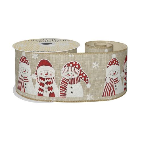 Natural Wired Ribbon with Red Snowman (63mm x 10 yards) Natural Wired Ribbon with Red Snowman (63mm x 10 yards)