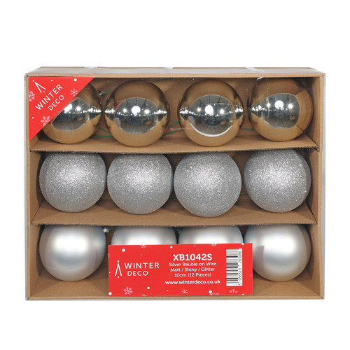 Silver Bauble on Wire - Matt/Shiny/Glitter (Pack of 12) 