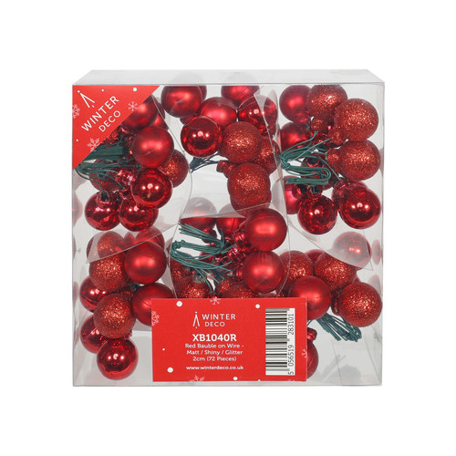 Red Bauble on Wire - Matt/Shiny/Glitter (Pack of 72) 