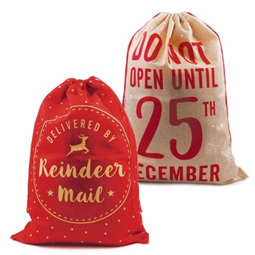 Plush Hessian Christmas Printed Sacks (Assorted) Plush Hessian Christmas Printed Sacks (Assorted)