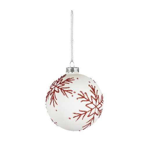 White Glass Bauble with Red Glitter Snowflake (Dia8cm) White Glass Bauble with Red Glitter Snowflake (Dia8cm)