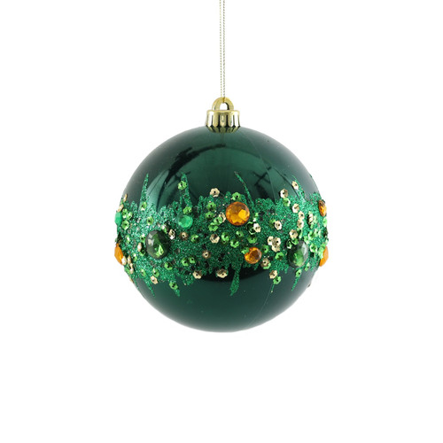 Electroplated Bauble with Glitter & Gems - Green/Gold (15cm)