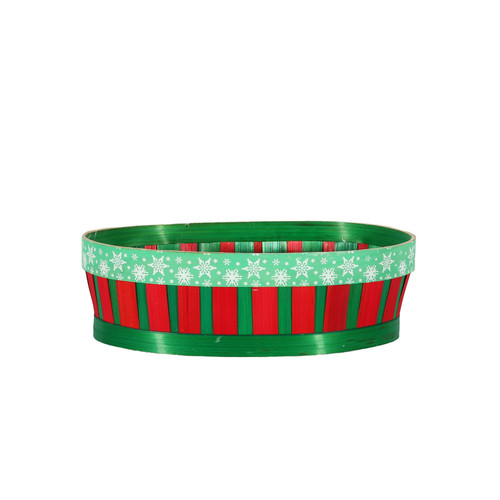 Green and Red Oval Wooden Drum Tray Planter with Snowflakes Green and Red Oval Wooden Drum Tray Planter with Snowflakes