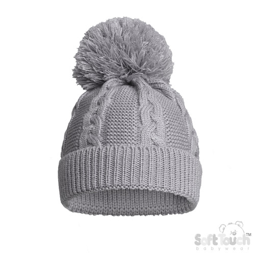 Grey Recycled Acrylic Cable Knit Pom Pom Hat (NB-12m)