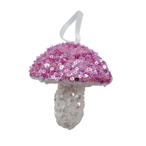 Pink/White Sequin Mushroom Hanging Decoration (7cm)