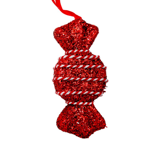 Red Tinsel Glitter Round Candy Sweet with Stripey String Hanging Decoration (14cm)
